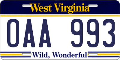 WV license plate OAA993