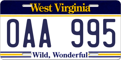 WV license plate OAA995
