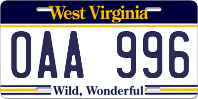 WV license plate OAA996