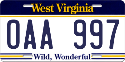 WV license plate OAA997