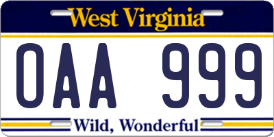 WV license plate OAA999