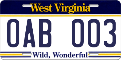 WV license plate OAB003