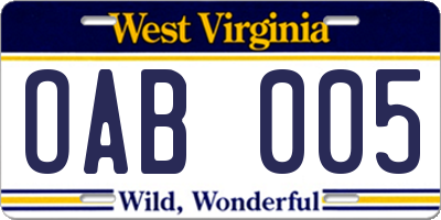 WV license plate OAB005