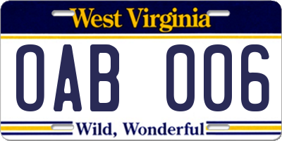 WV license plate OAB006