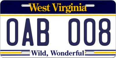 WV license plate OAB008