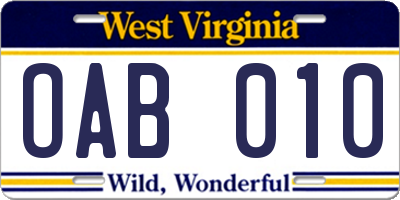 WV license plate OAB010