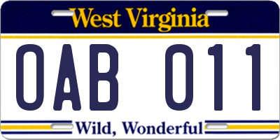 WV license plate OAB011