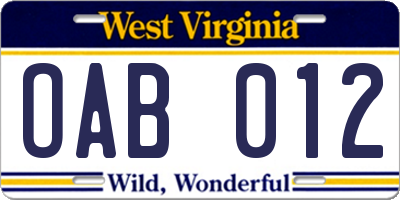 WV license plate OAB012
