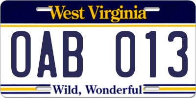WV license plate OAB013