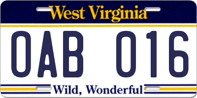 WV license plate OAB016
