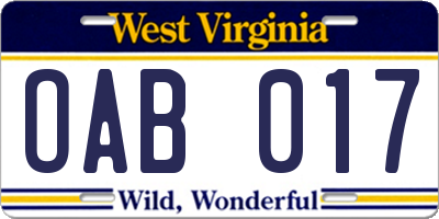 WV license plate OAB017