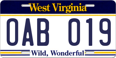 WV license plate OAB019