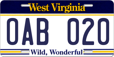 WV license plate OAB020