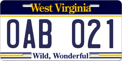WV license plate OAB021