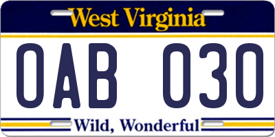 WV license plate OAB030