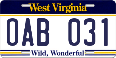 WV license plate OAB031