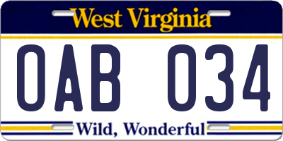 WV license plate OAB034