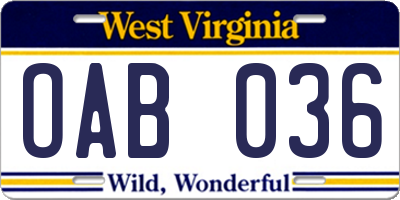 WV license plate OAB036