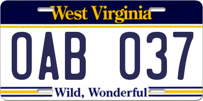 WV license plate OAB037