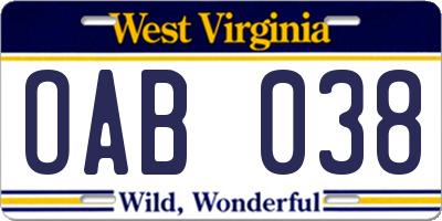 WV license plate OAB038