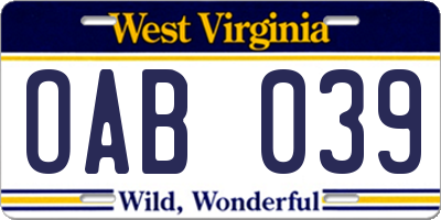 WV license plate OAB039