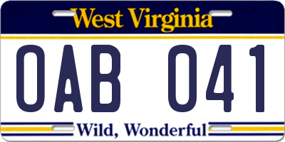 WV license plate OAB041