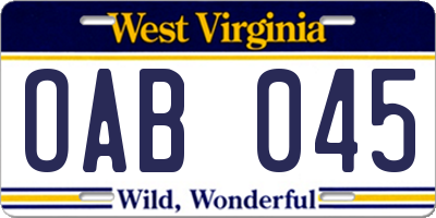 WV license plate OAB045