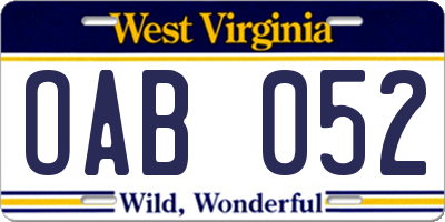 WV license plate OAB052