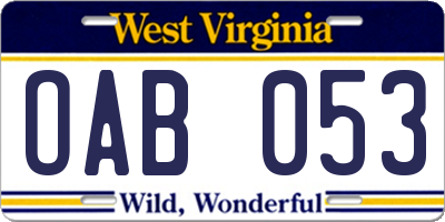 WV license plate OAB053