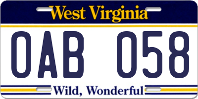 WV license plate OAB058
