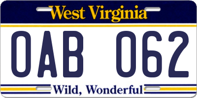 WV license plate OAB062