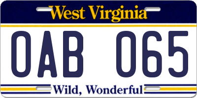 WV license plate OAB065