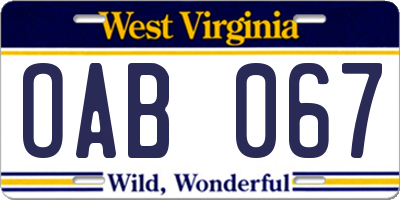 WV license plate OAB067