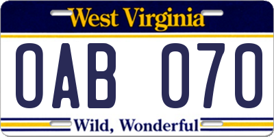 WV license plate OAB070