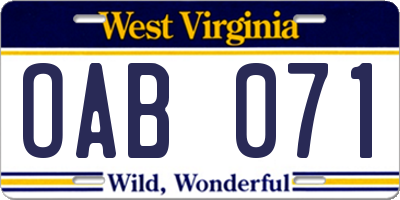 WV license plate OAB071