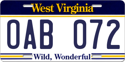 WV license plate OAB072