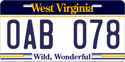 WV license plate OAB078