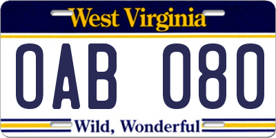 WV license plate OAB080