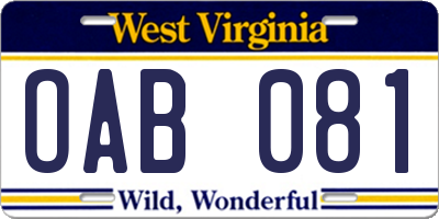 WV license plate OAB081