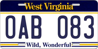 WV license plate OAB083