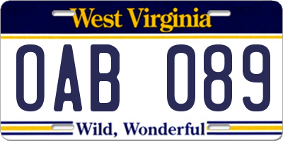 WV license plate OAB089