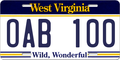 WV license plate OAB100