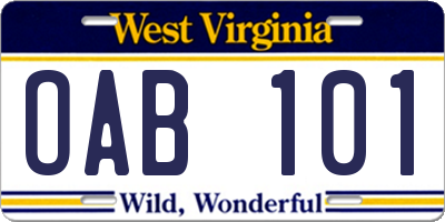 WV license plate OAB101