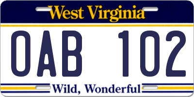 WV license plate OAB102