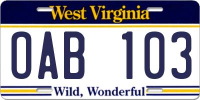 WV license plate OAB103