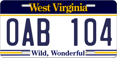 WV license plate OAB104