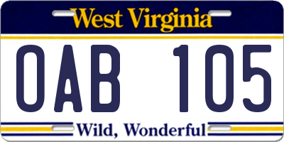 WV license plate OAB105