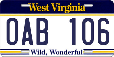 WV license plate OAB106