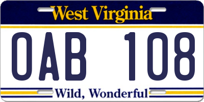 WV license plate OAB108