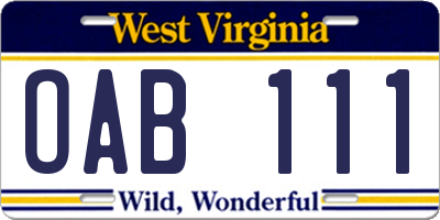 WV license plate OAB111
